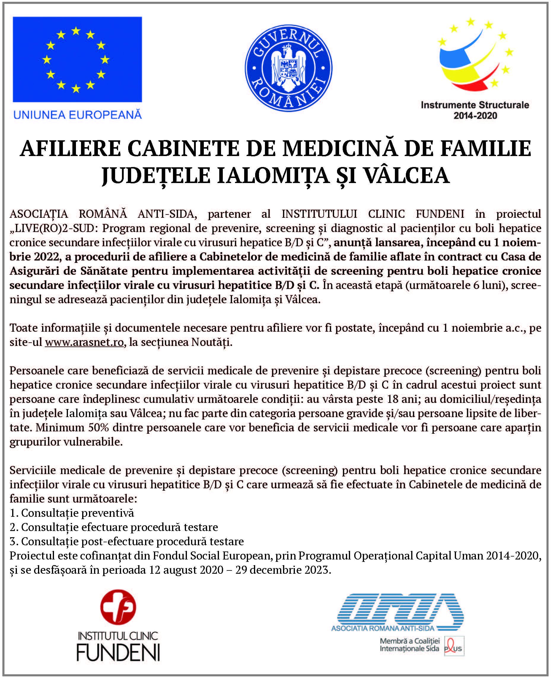 Afiliere cabinete de medicină de familie  județele Ialomița și Vâlcea