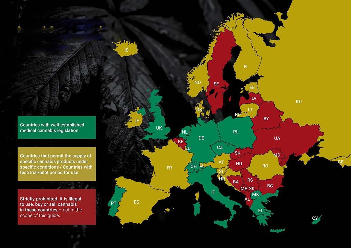 Ilustrare aproximativa a legalizarii C(M) medicinal în Europa. Reprodus din (3).