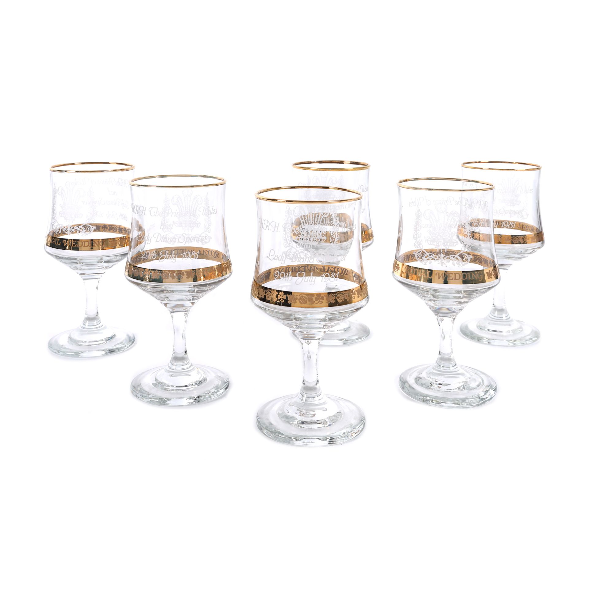 Set Dema Glass format din șase pahare, realizate pentru comemorarea nunții dintre Charles și Diana
