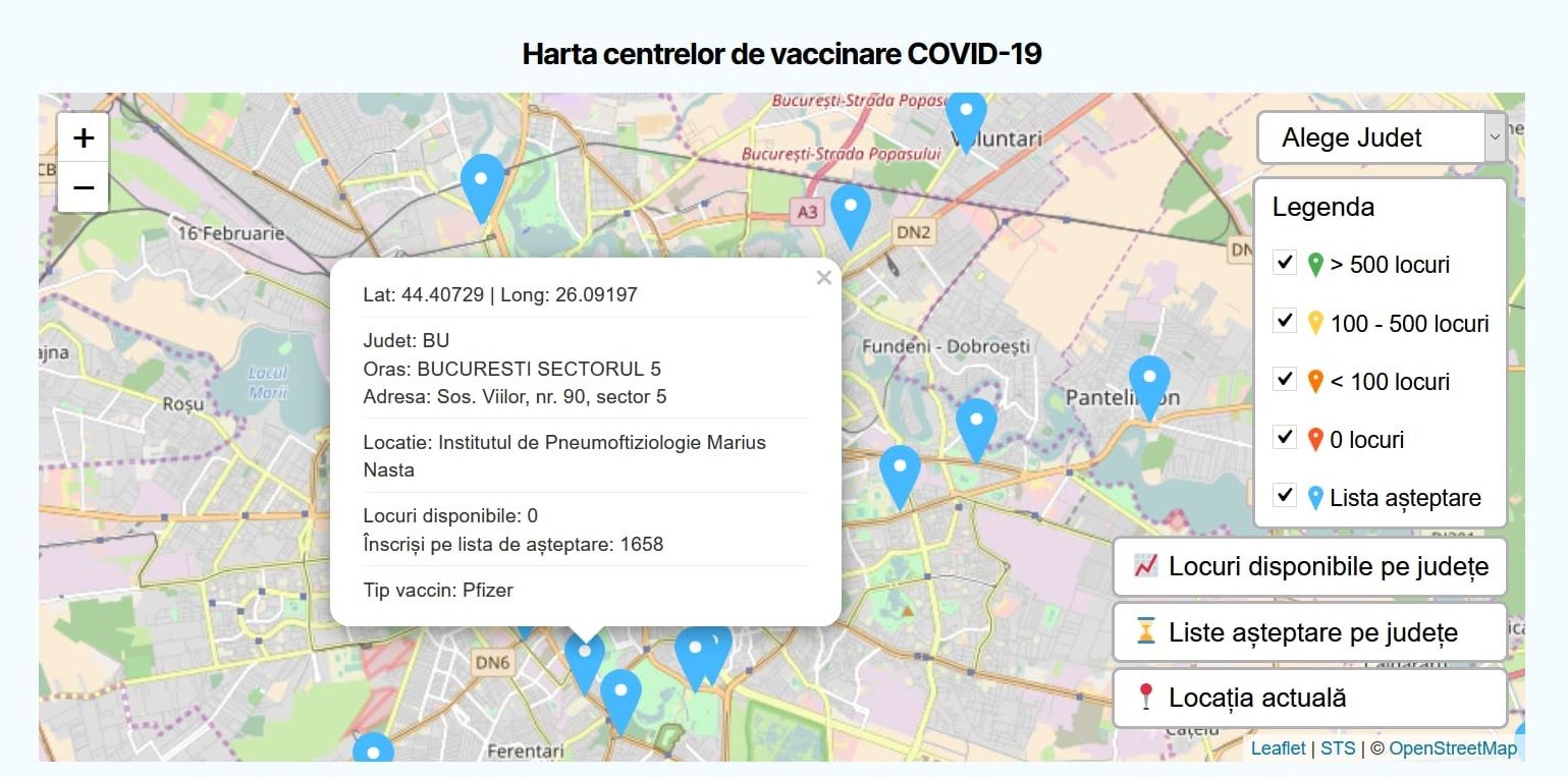 Harta interactivă a centrelor de vaccinare, pe tipuri de vaccin