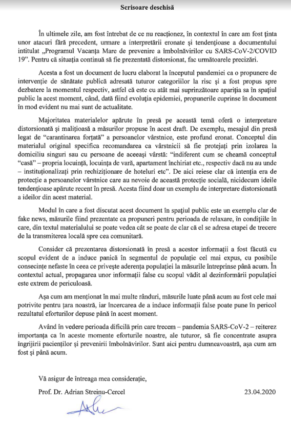 scrisoare deschisa streinu cercel