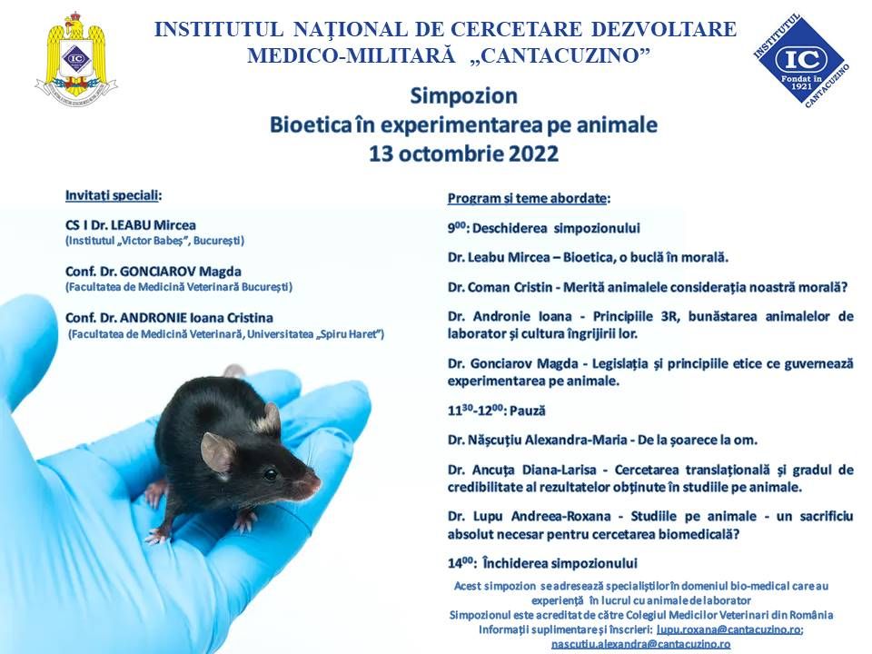 Institutul Cantacuzino organizează simpozionul „Bioetica în experimentarea pe animale”
