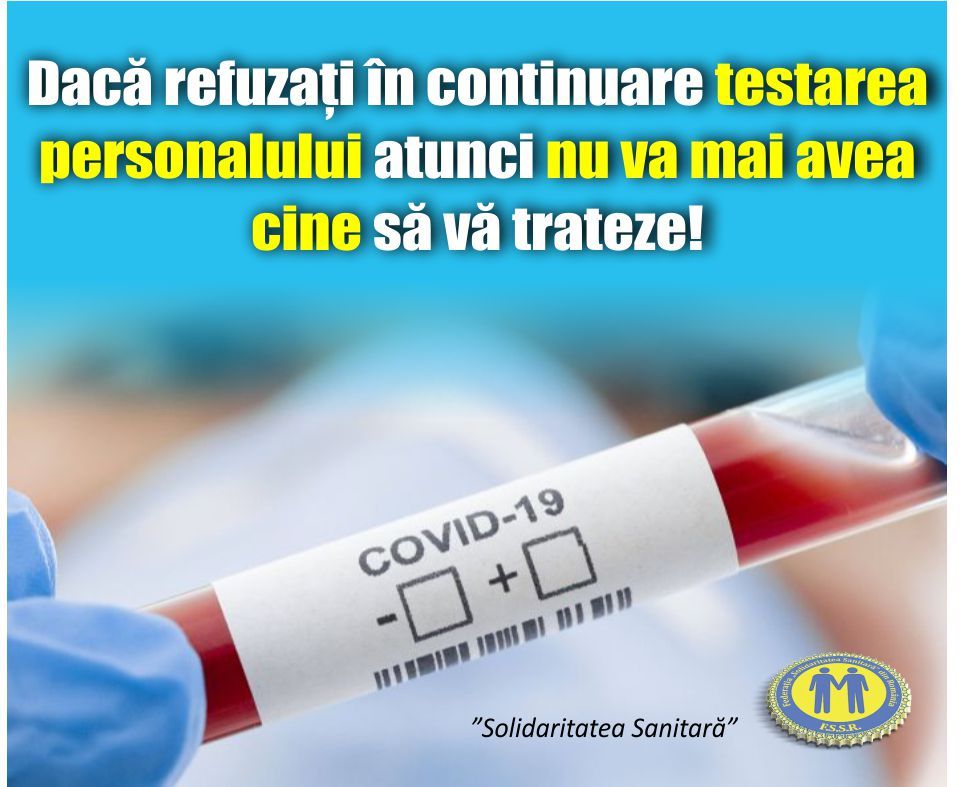 Federația „Solidaritatea Sanitară” solicită testarea tuturor salariaților din sănătate, în contextul COVID-19