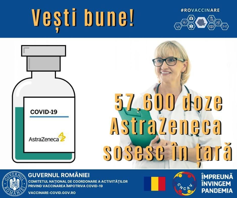 Peste 57.000 de doze de vaccin AstraZeneca sosesc mâine în România