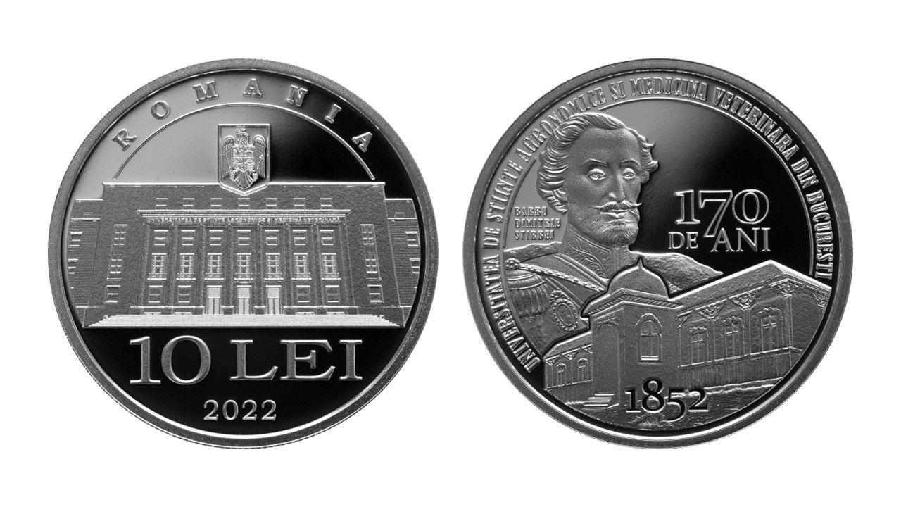 Monedă de argint aniversară, la 170 ani de la înființarea USAMV București