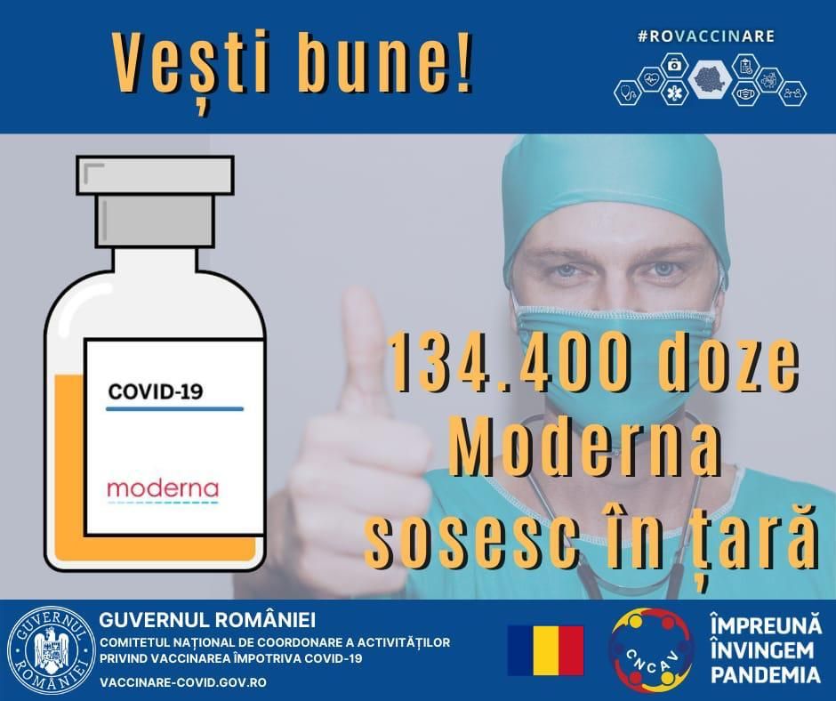 Peste 134.000 de doze de vaccin Moderna sosesc în România