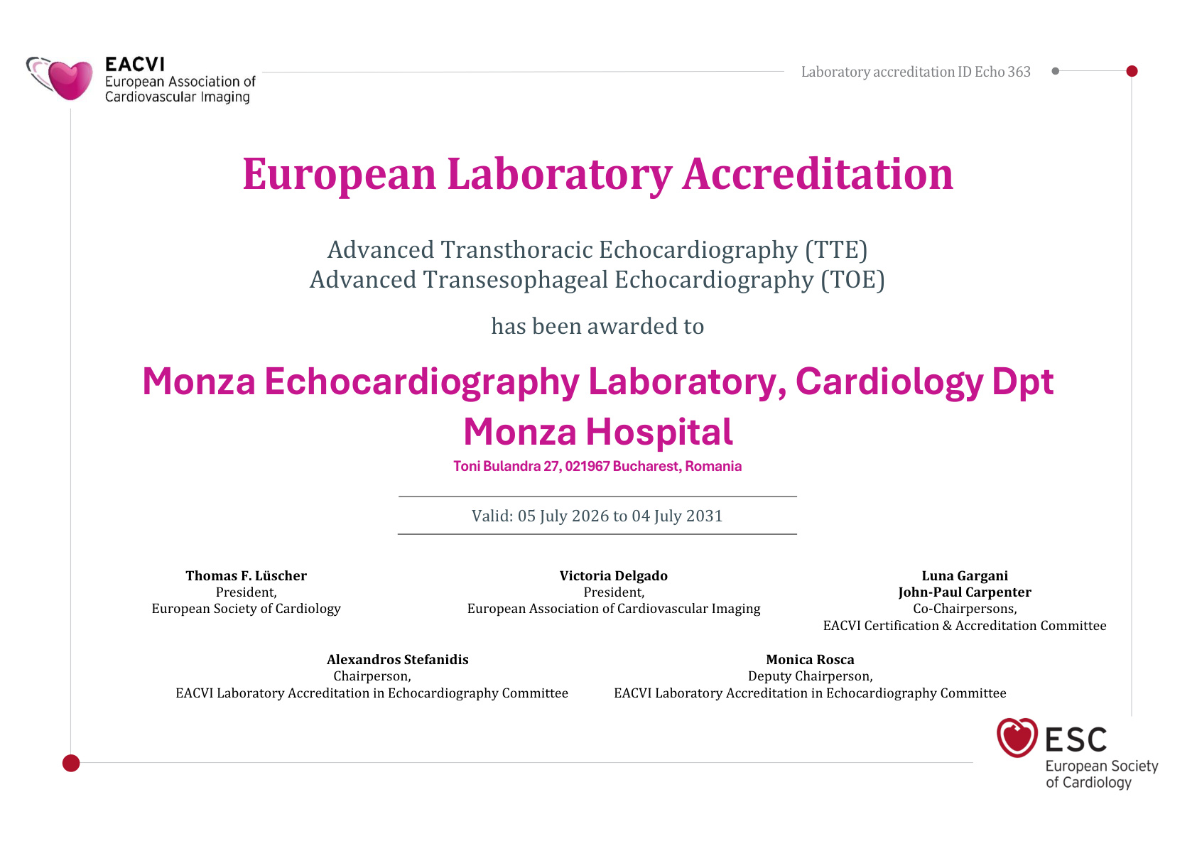 Laboratorul de Ecocardiografie al Spitalului Monza a obținut acreditarea europeană EACVI