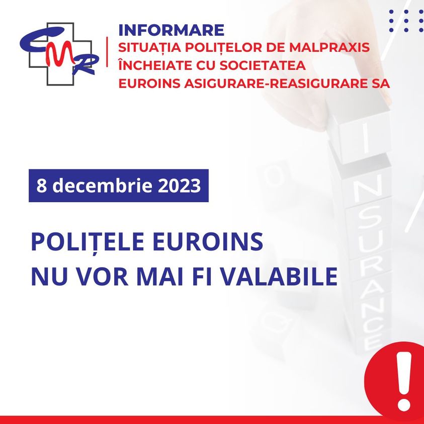 Colegiul Medicilor din România: din 8 decembrie polițele Euroins nu mai sunt valabile