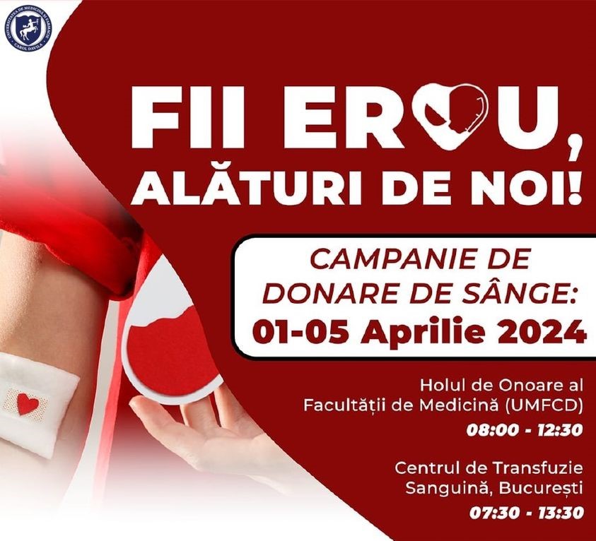 Campania „DONEAZĂ SÂNGE! FII EROU!” are loc între 1 și 5 aprilie 